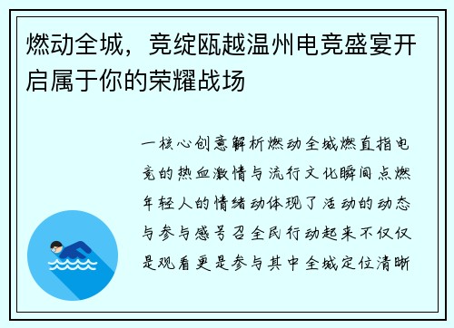 燃动全城，竞绽瓯越温州电竞盛宴开启属于你的荣耀战场